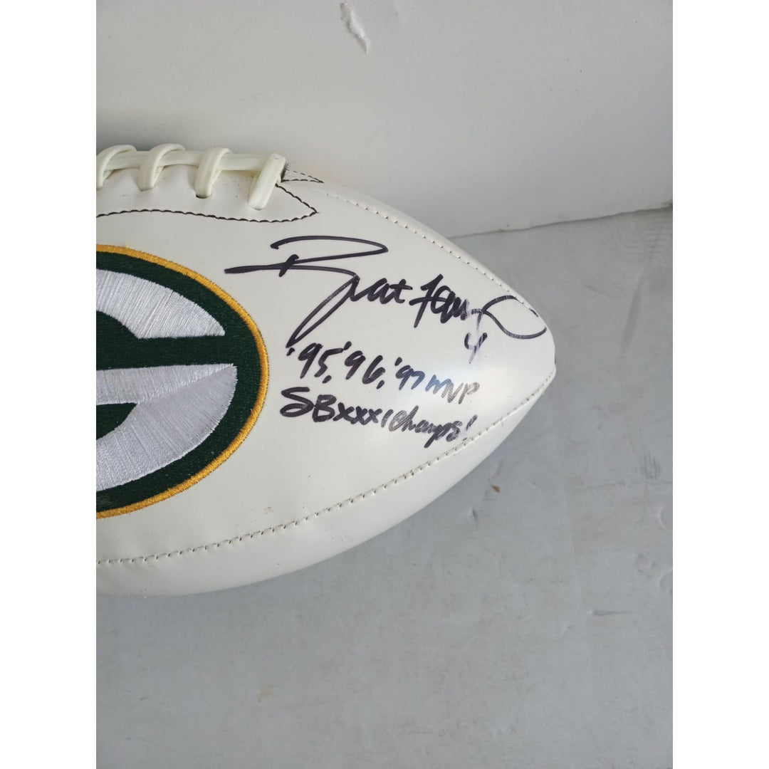 Green Bay Packers Bart Starr Aaron Rodgers Brett Favre full size football signed with proof and inscriptions