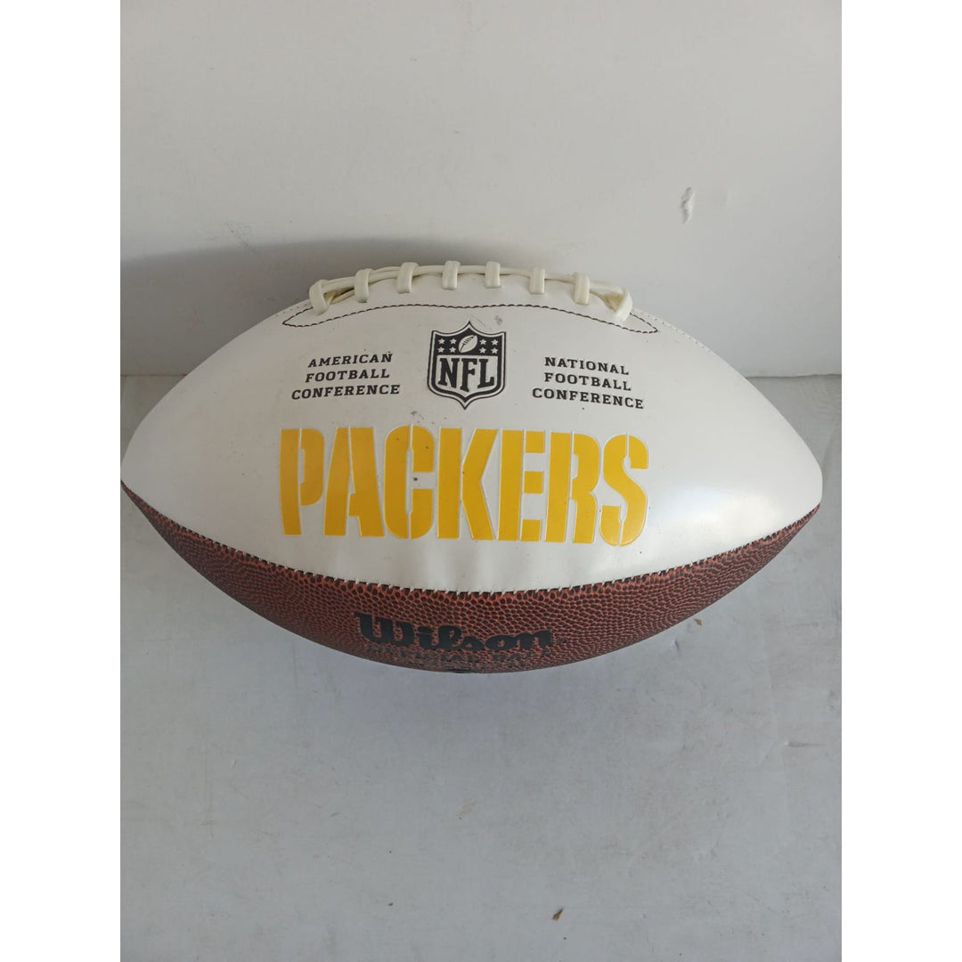 Green Bay Packers Bart Starr Aaron Rodgers Brett Favre full size football signed with proof and inscriptions