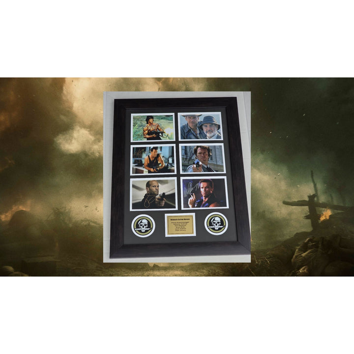 Arnold Schwarzenegger, Sylvester Stallone , Clint Eastwood, Bruce Willis , Clint Eastwood action heroes framed with proof.