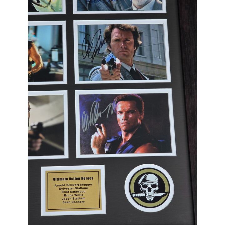 Arnold Schwarzenegger, Sylvester Stallone , Clint Eastwood, Bruce Willis , Clint Eastwood action heroes framed with proof.