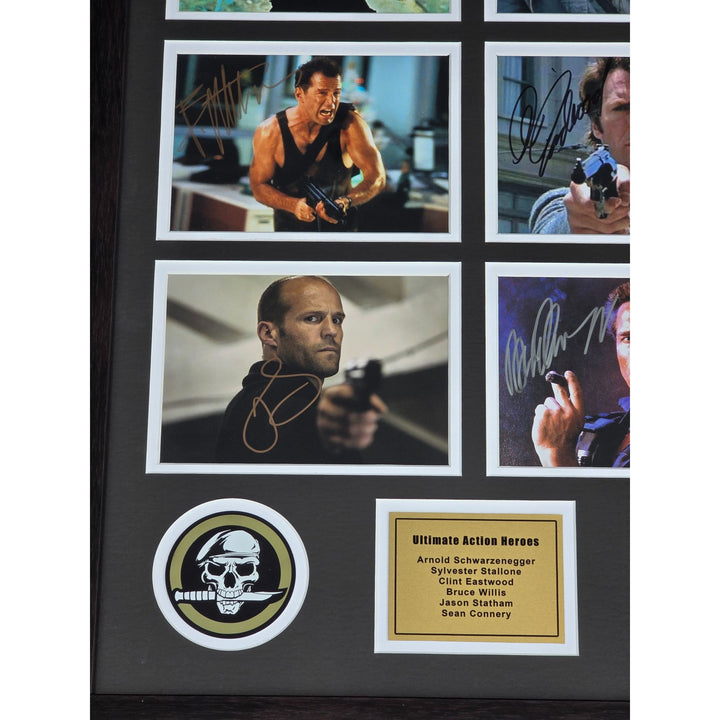 Arnold Schwarzenegger, Sylvester Stallone , Clint Eastwood, Bruce Willis , Clint Eastwood action heroes framed with proof.