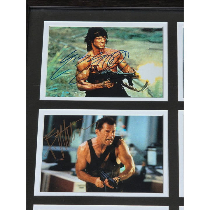 Arnold Schwarzenegger, Sylvester Stallone , Clint Eastwood, Bruce Willis , Clint Eastwood action heroes framed with proof.