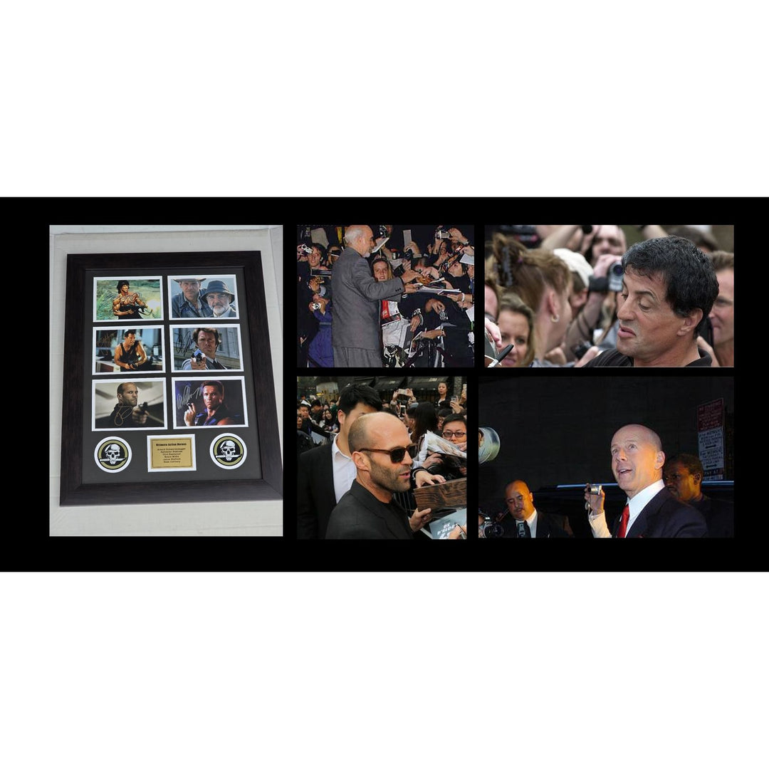 Arnold Schwarzenegger, Sylvester Stallone , Clint Eastwood, Bruce Willis , Clint Eastwood action heroes framed with proof.