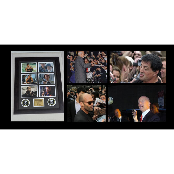 Arnold Schwarzenegger, Sylvester Stallone , Clint Eastwood, Bruce Willis , Clint Eastwood action heroes framed with proof.