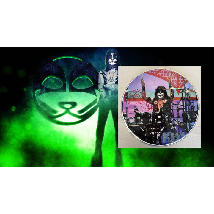 Eric Singer Kiss iconic drummer drumhead signed with proof.