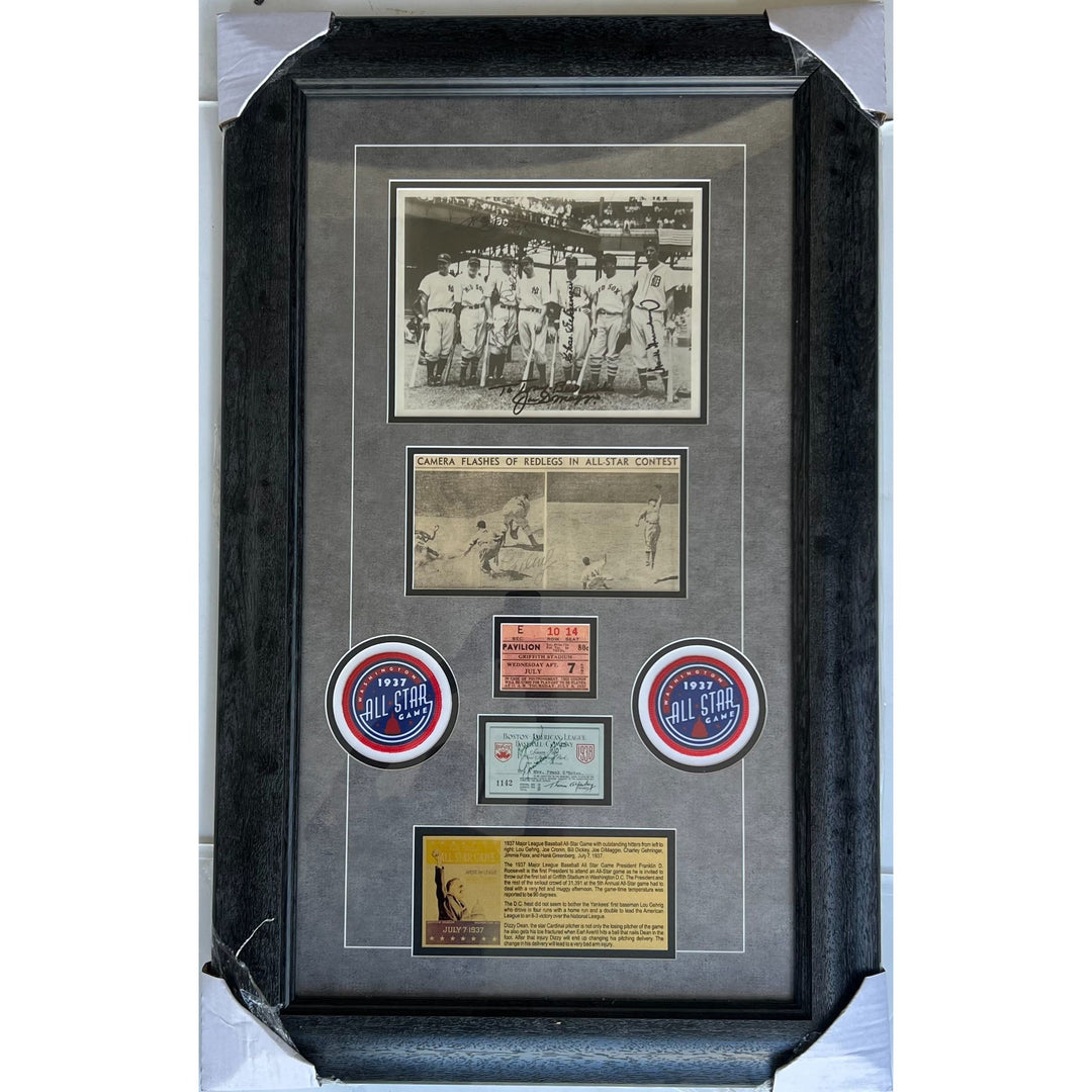 Lou Gehrig, Joe Cronin, Bill Dickey, Joe Dimaggio,  Charles Gehringer, & Jimmie Foxx signed 8x10 photo with season pass signed