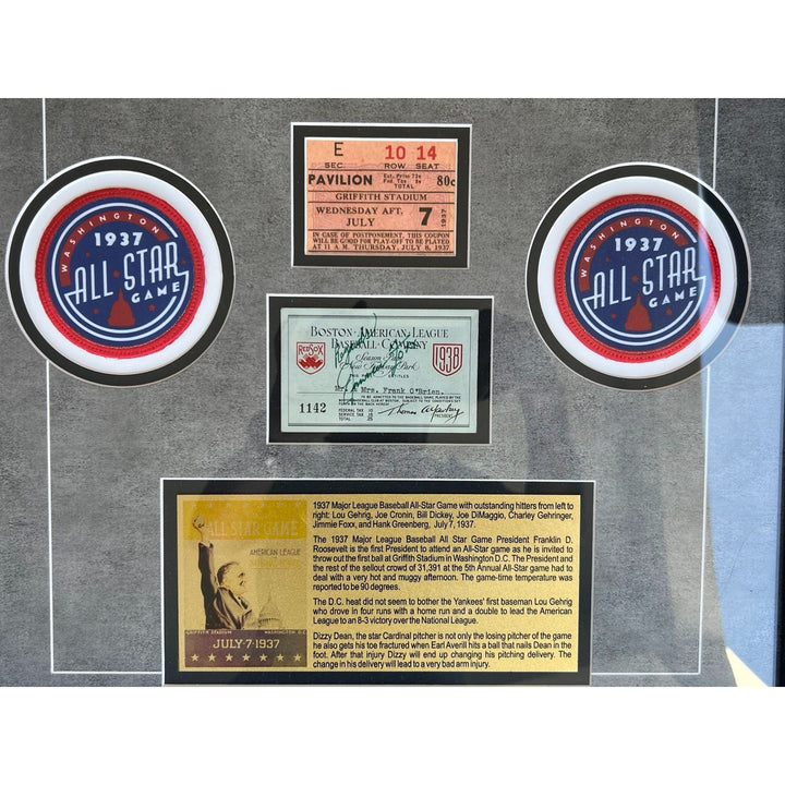 Lou Gehrig, Joe Cronin, Bill Dickey, Joe Dimaggio,  Charles Gehringer, & Jimmie Foxx signed 8x10 photo with season pass signed