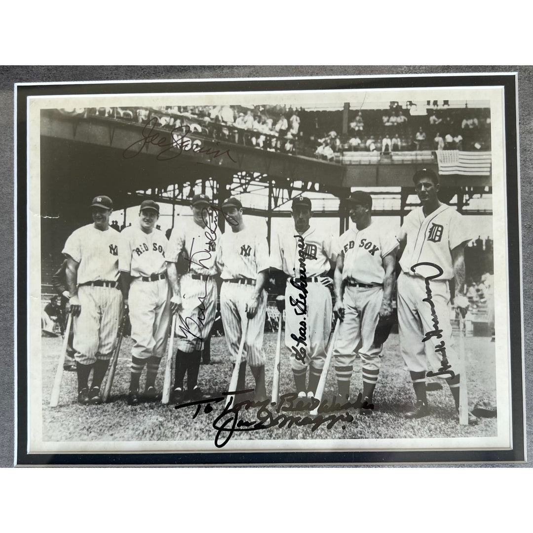 Lou Gehrig, Joe Cronin, Bill Dickey, Joe Dimaggio,  Charles Gehringer, & Jimmie Foxx signed 8x10 photo with season pass signed