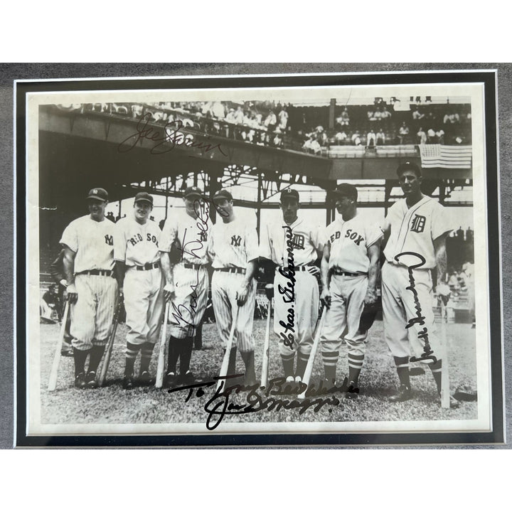 Lou Gehrig, Joe Cronin, Bill Dickey, Joe Dimaggio,  Charles Gehringer, & Jimmie Foxx signed 8x10 photo with season pass signed