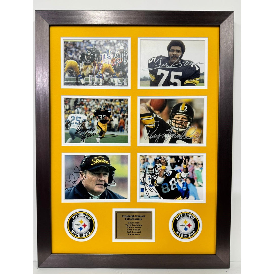 Pittsburgh Steelers Hall of Famers, Chuck Noll, Terry Bradshaw, Franco Harris, Lynn Swann, 5x7 photos with Museum quality frame signed