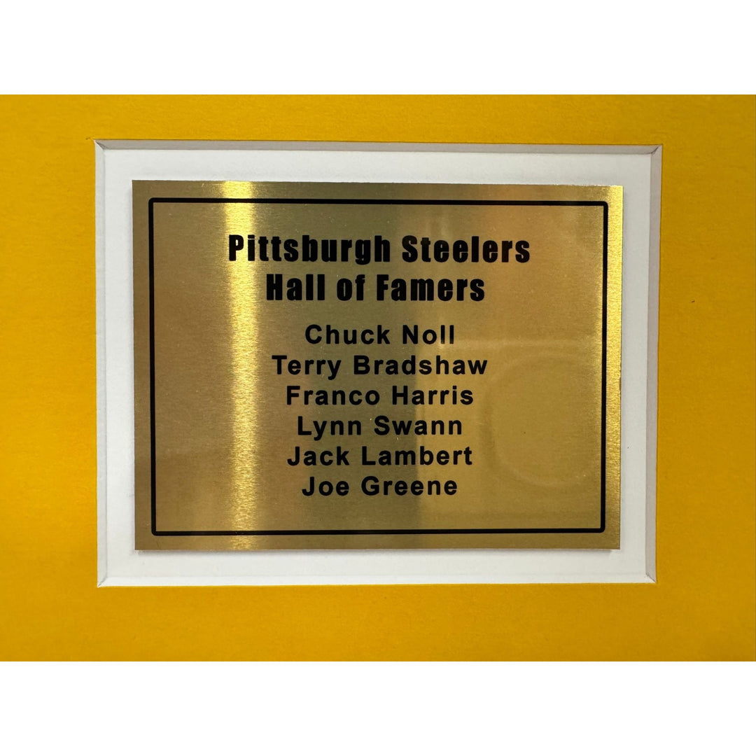 Pittsburgh Steelers Hall of Famers, Chuck Noll, Terry Bradshaw, Franco Harris, Lynn Swann, 5x7 photos with Museum quality frame signed