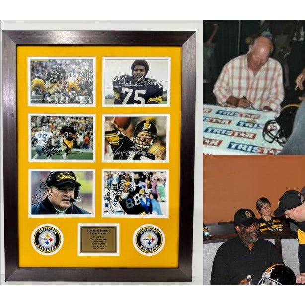 Pittsburgh Steelers Hall of Famers, Chuck Noll, Terry Bradshaw, Franco Harris, Lynn Swann, 5x7 photos with Museum quality frame signed