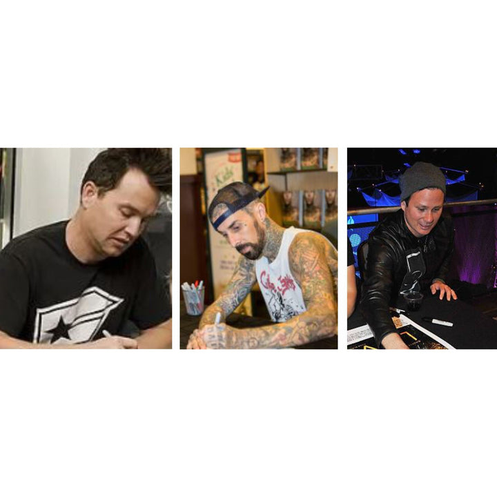 Travis Barker, Mark Hoppus, Tom De Longe, Blink 182, authentic Fender Stratocaster electric guitar signed with proof.