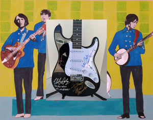 The Monkees Michael Nesmith, Peter Tork, Micky Dolenz, and Davey Jones full size Stratocaster electric guitar signed with proof