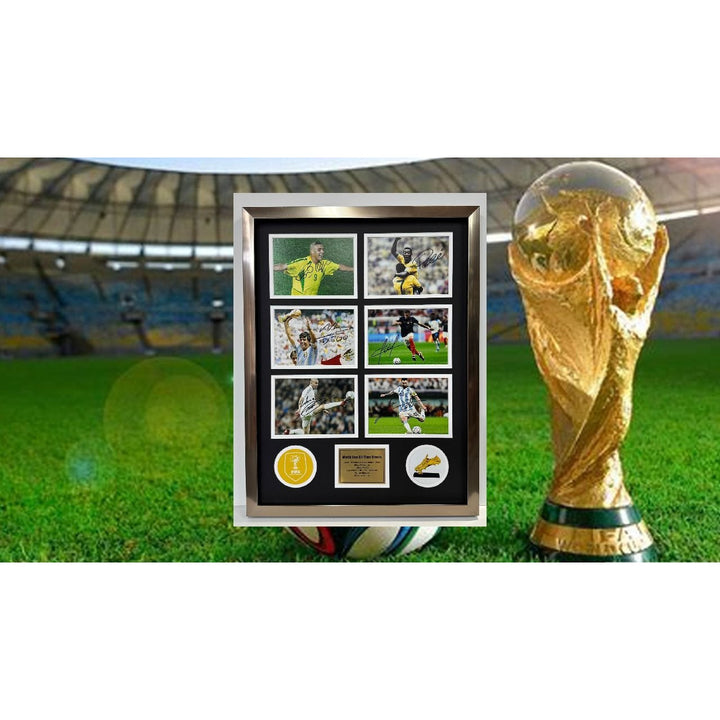 Lionel Messi Diego Maradona Pele Kylian Mbappe Ronaldo World Cup All-Time Greats 5x7 photos in museum quality frame 22x28 signed with proof