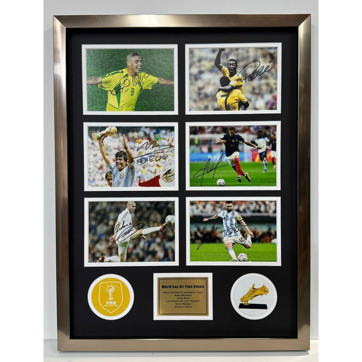 Lionel Messi Diego Maradona Pele Kylian Mbappe Ronaldo World Cup All-Time Greats 5x7 photos in museum quality frame 22x28 signed with proof