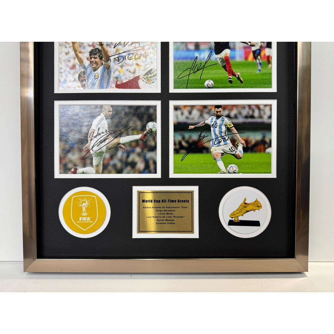 Lionel Messi Diego Maradona Pele Kylian Mbappe Ronaldo World Cup All-Time Greats 5x7 photos in museum quality frame 22x28 signed with proof