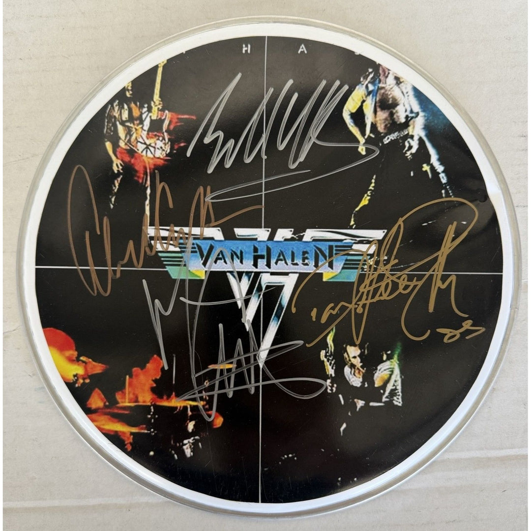 Van Halen David Lee Roth Eddie & Alex Van Halen MIchael Anthony drumhead signed with proof.
