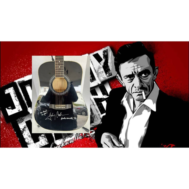 Johnny Cash full size acoustic guitar signed with inscription & proof