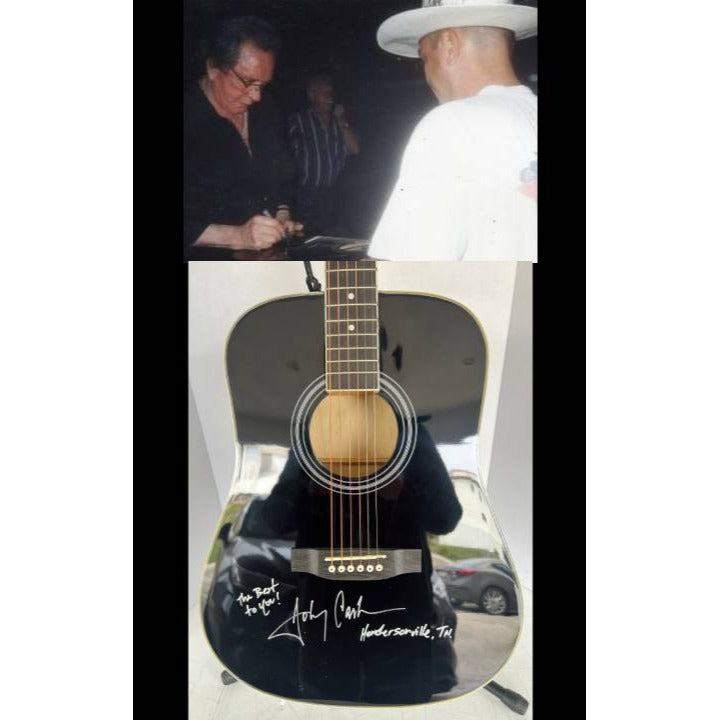 Johnny Cash full size acoustic guitar signed with inscription & proof