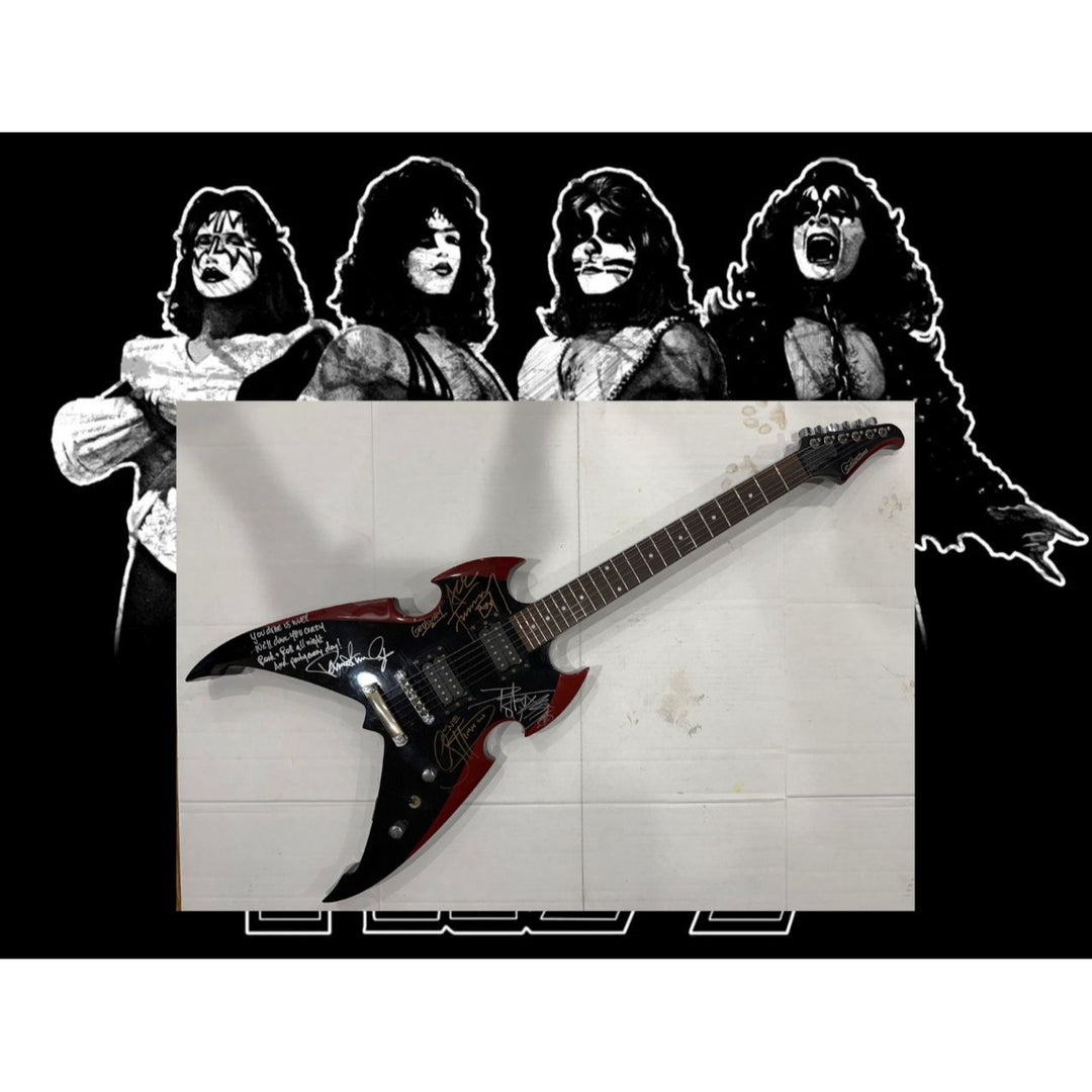 KISS Paul Stanley Gene Simmons Ace Frehley & Peter Criss Silvertone Apocalypse Electric Guitar signed with proof and lyric inscription
