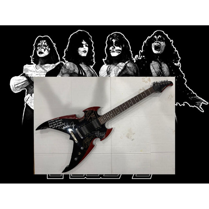 KISS Paul Stanley Gene Simmons Ace Frehley & Peter Criss Silvertone Apocalypse Electric Guitar signed with proof and lyric inscription