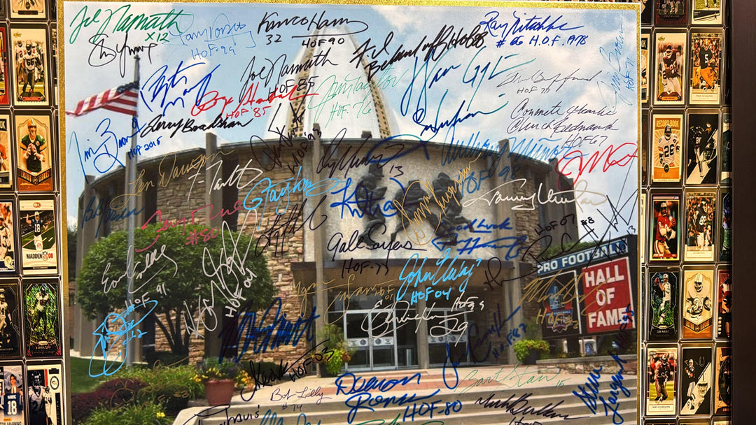 Close-up of NFL Hall of Fame signatures