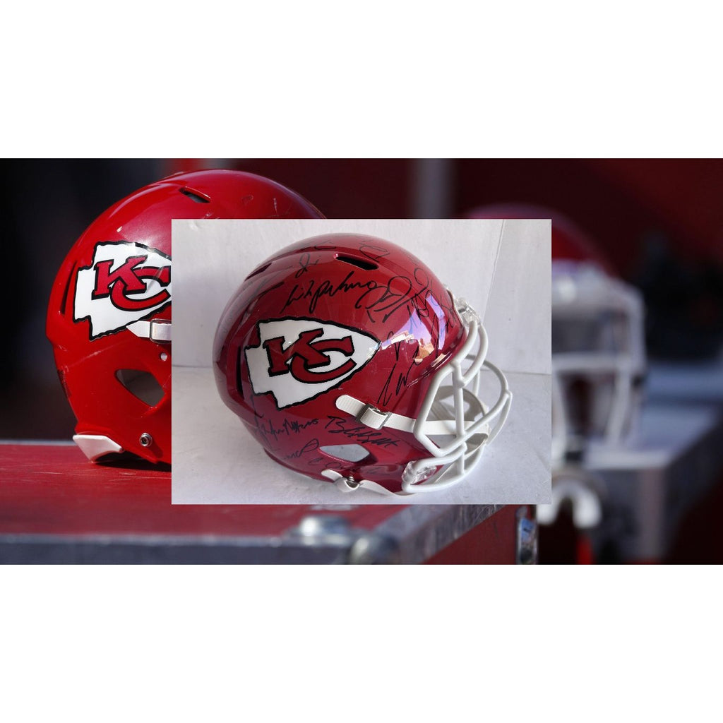 Kansas City Chiefs Patrick Mahomes Travis Kelce Chris Jones Andy Reid 2023-24 replica helmet team signed with proof