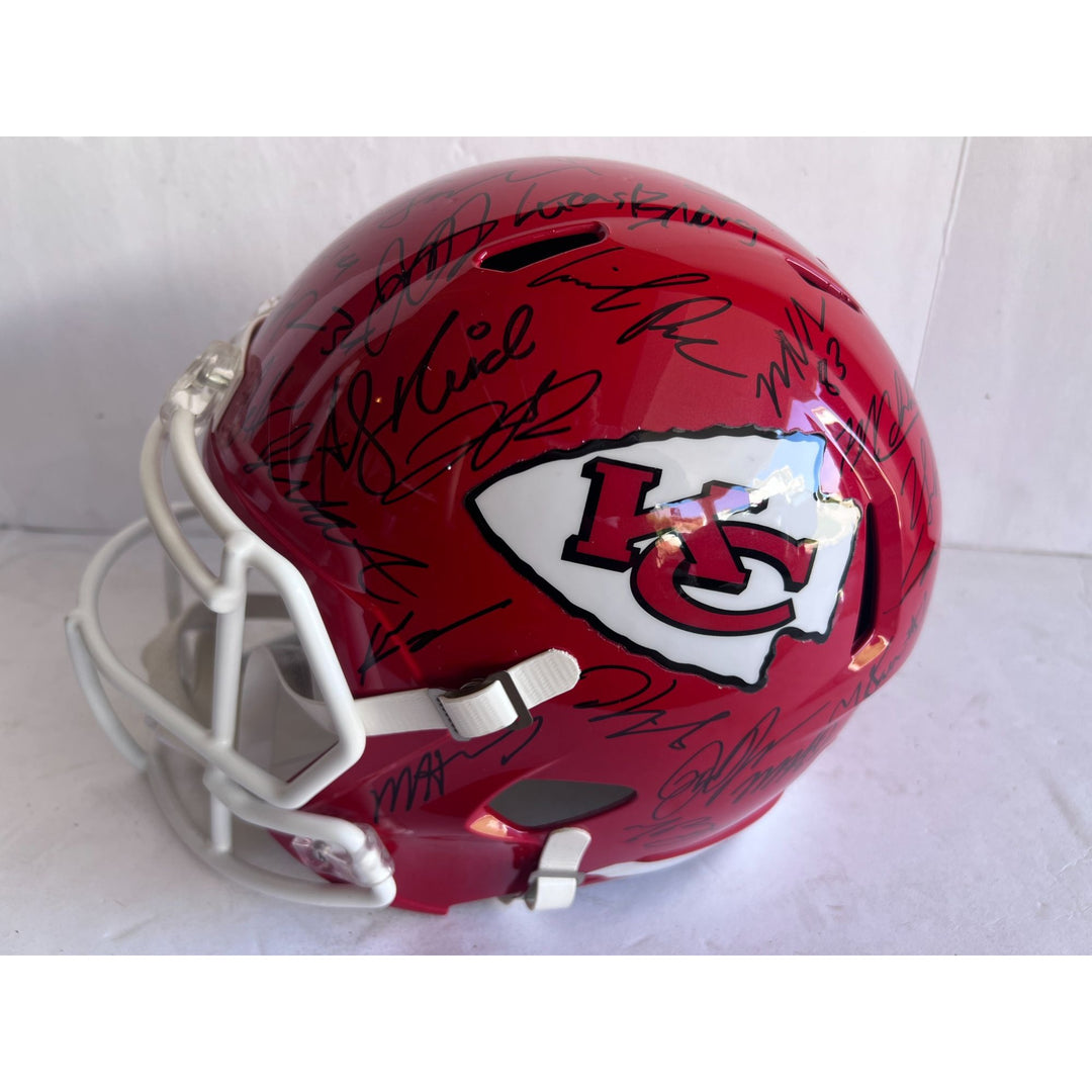 Kansas City Chiefs Patrick Mahomes Travis Kelce Chris Jones Andy Reid 2023-24 replica helmet team signed with proof