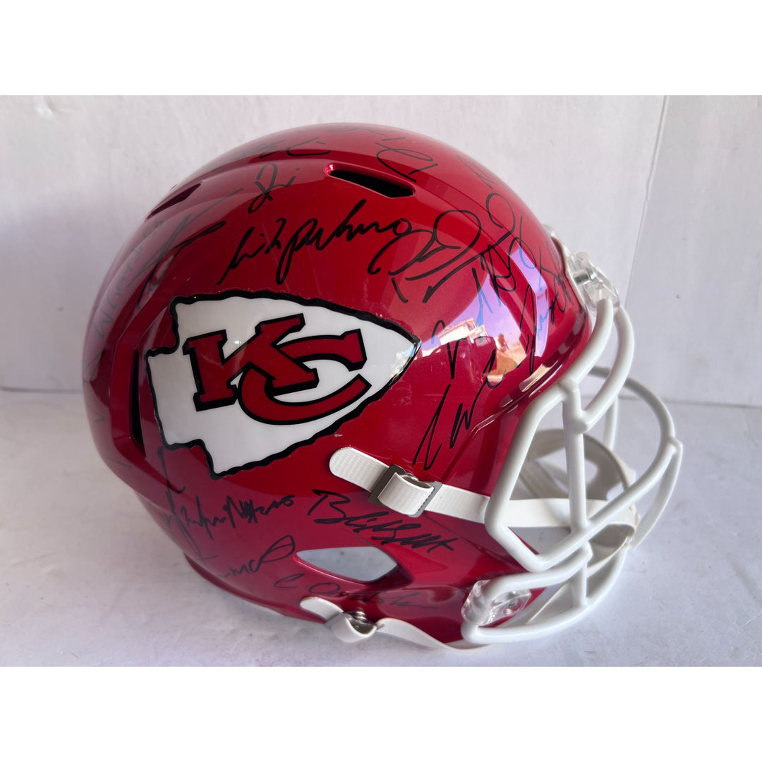 Kansas City Chiefs Patrick Mahomes Travis Kelce Chris Jones Andy Reid 2023-24 replica helmet team signed with proof