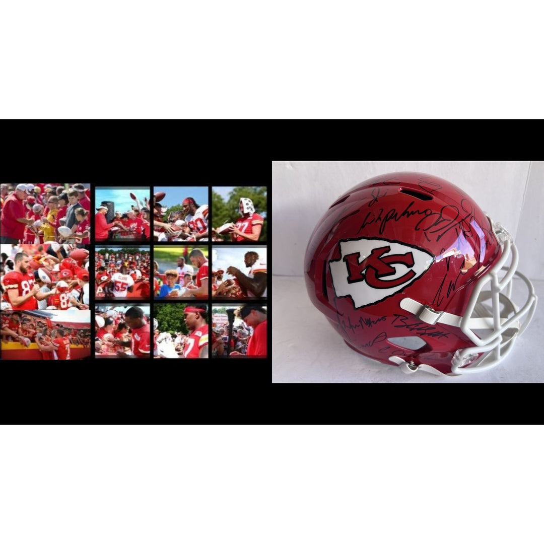 Kansas City Chiefs Patrick Mahomes Travis Kelce Chris Jones Andy Reid 2023-24 replica helmet team signed with proof