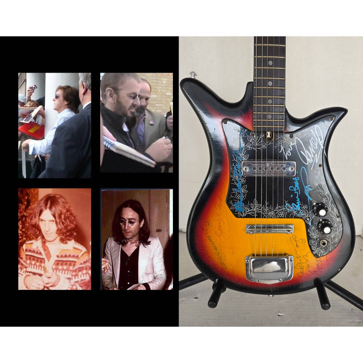 The Beatles John Lennon Paul McCartney George Harrison Sir George Martin Ringo Starr & Pete Best one of a kind vintage guitar signed.