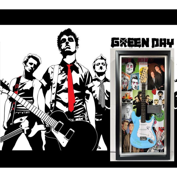 Green Day Tre Cool, Billy Joe Armstrong, Mike Dirnt full size Stratocaster electric guitar signed with proof and museum quality frame 24x48