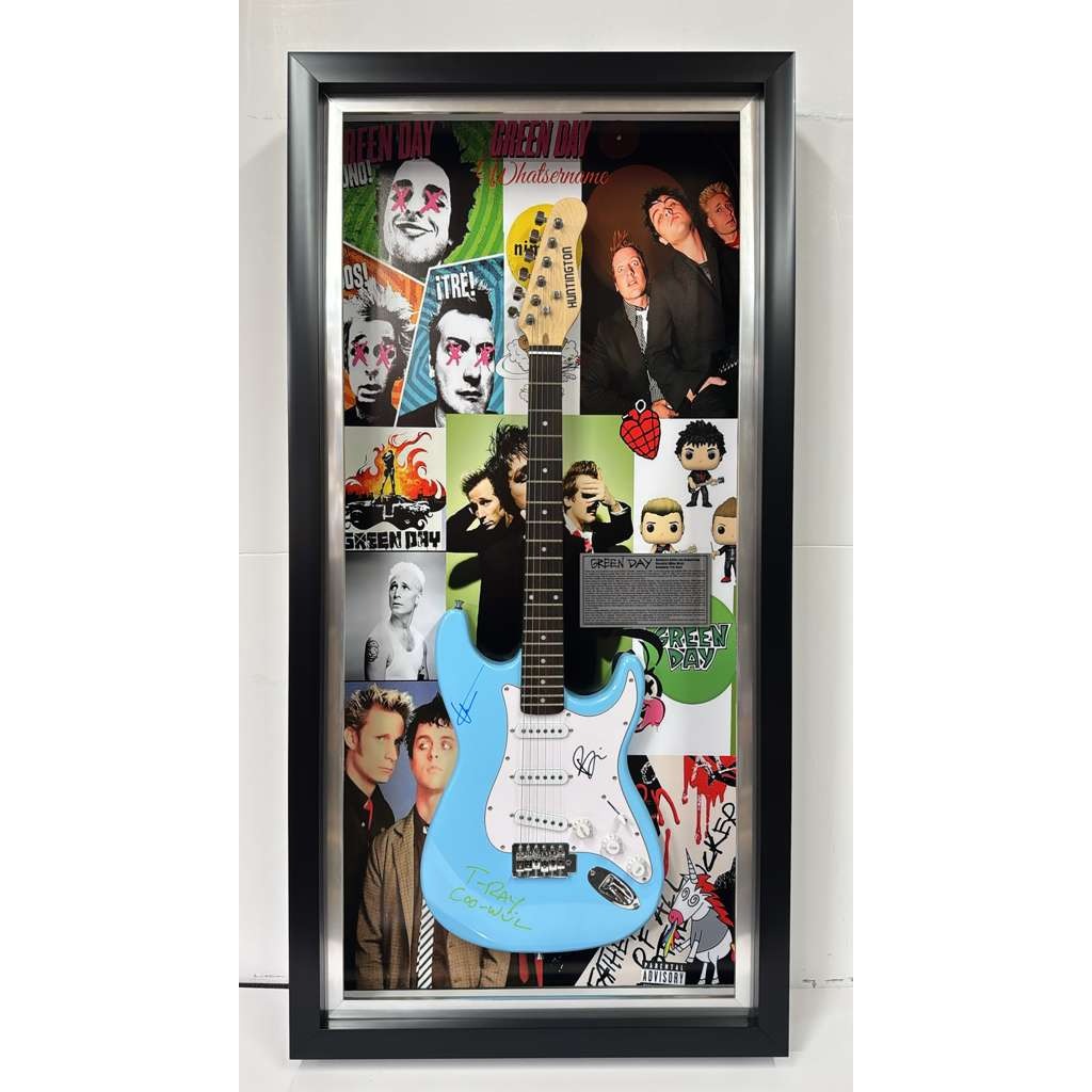 Green Day Tre Cool, Billy Joe Armstrong, Mike Dirnt full size Stratocaster electric guitar signed with proof and museum quality frame 24x48