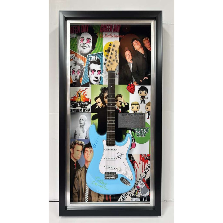 Green Day Tre Cool, Billy Joe Armstrong, Mike Dirnt full size Stratocaster electric guitar signed with proof and museum quality frame 24x48