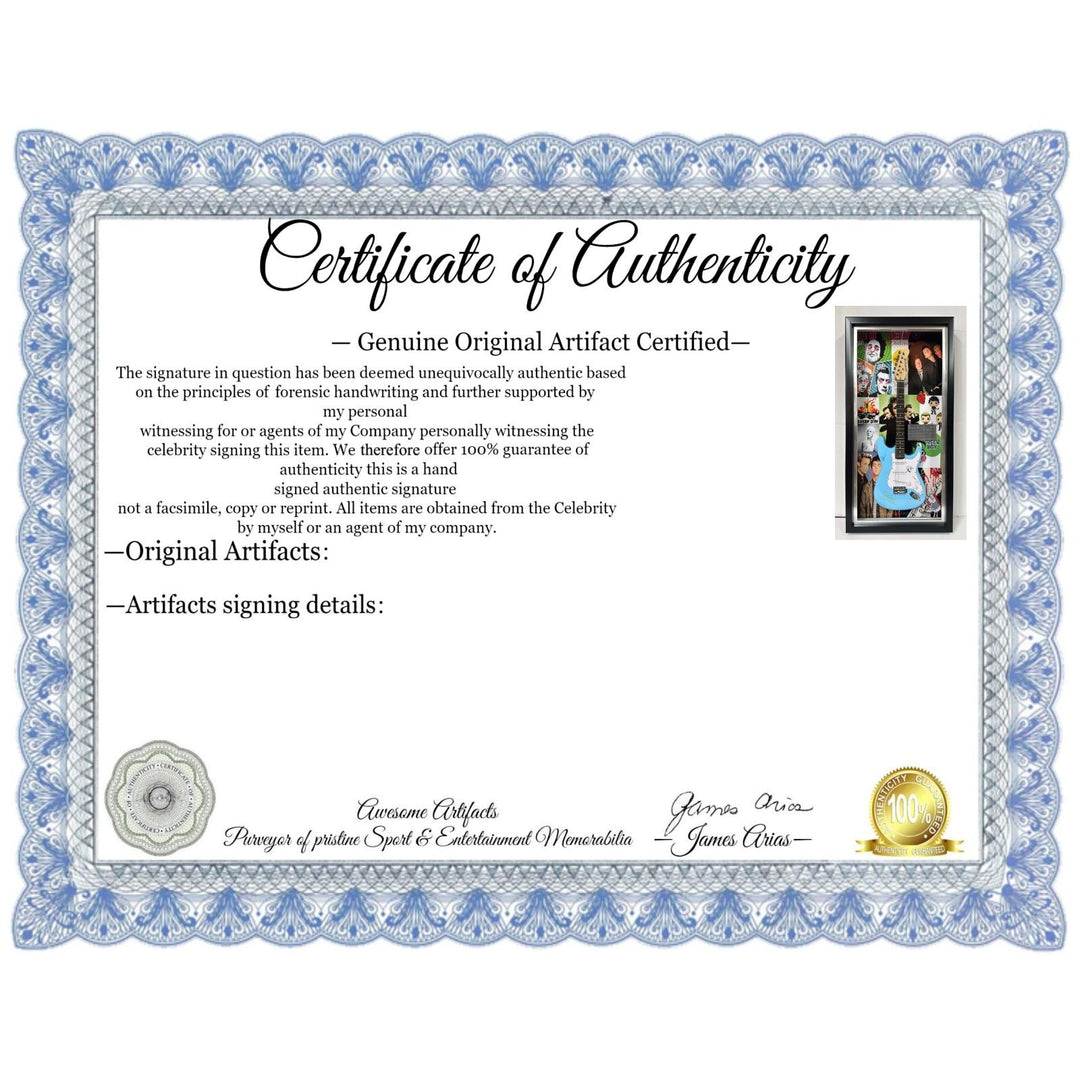 Green Day Tre Cool, Billy Joe Armstrong, Mike Dirnt full size Stratocaster electric guitar signed with proof and museum quality frame 24x48