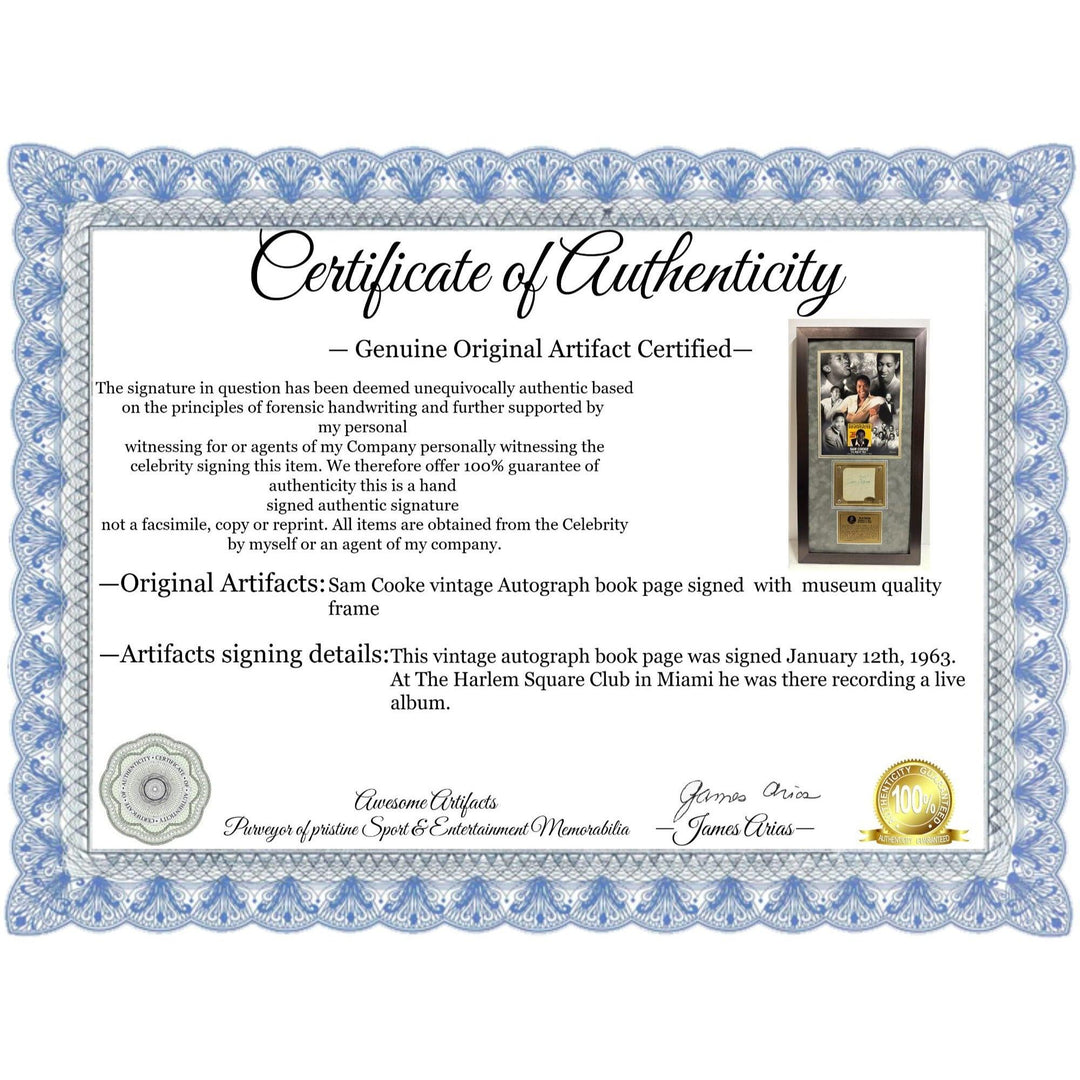 Sam Cooke vintage Autograph book page signed with museum quality frame