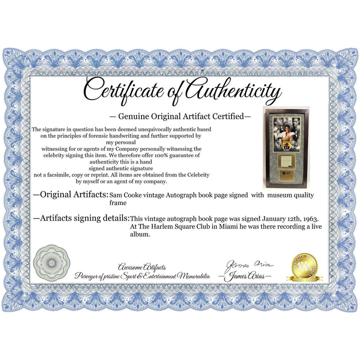 Sam Cooke vintage Autograph book page signed with museum quality frame
