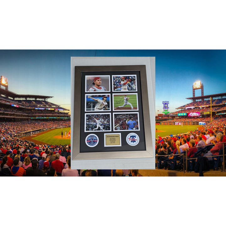 Philadelphia Phillies Zack Wheeler Bryce Harper Kyle Schwarber JT Realmuto Trea Turner framed & signed with proof.