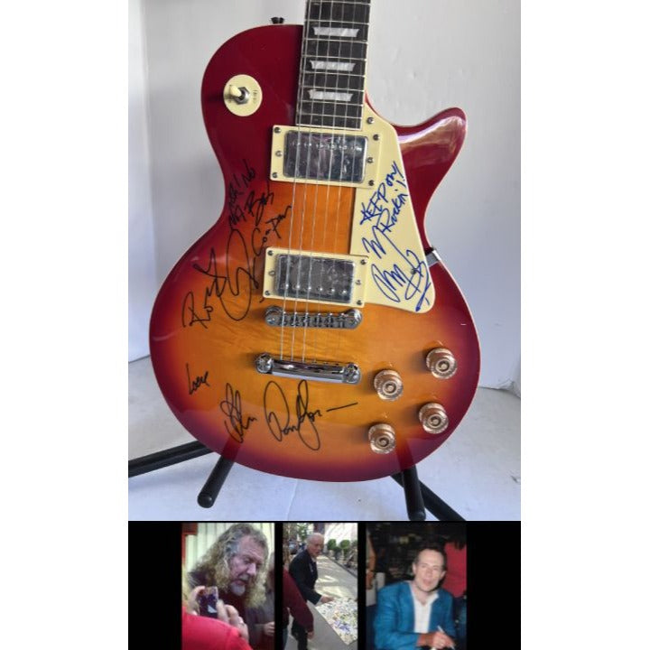 Led Zeppelin Jimmy Page Robert Plant John Paul Jones gold electric Les Paul signed with proof