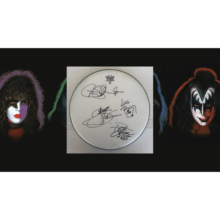 Kiss, Gene Simmons, Paul Stanley, Peter Chris, Ace Frehley one-of-a-kind drumhead signed with proof.