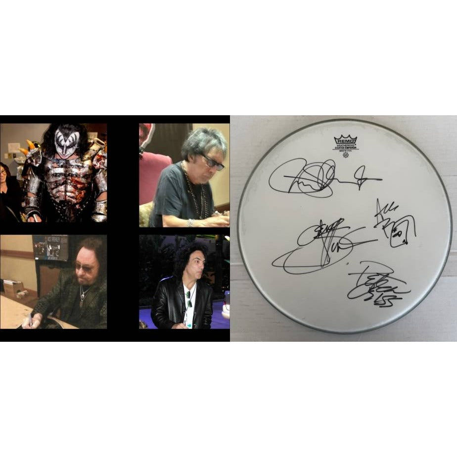 Kiss, Gene Simmons, Paul Stanley, Peter Chris, Ace Frehley one-of-a-kind drumhead signed with proof.