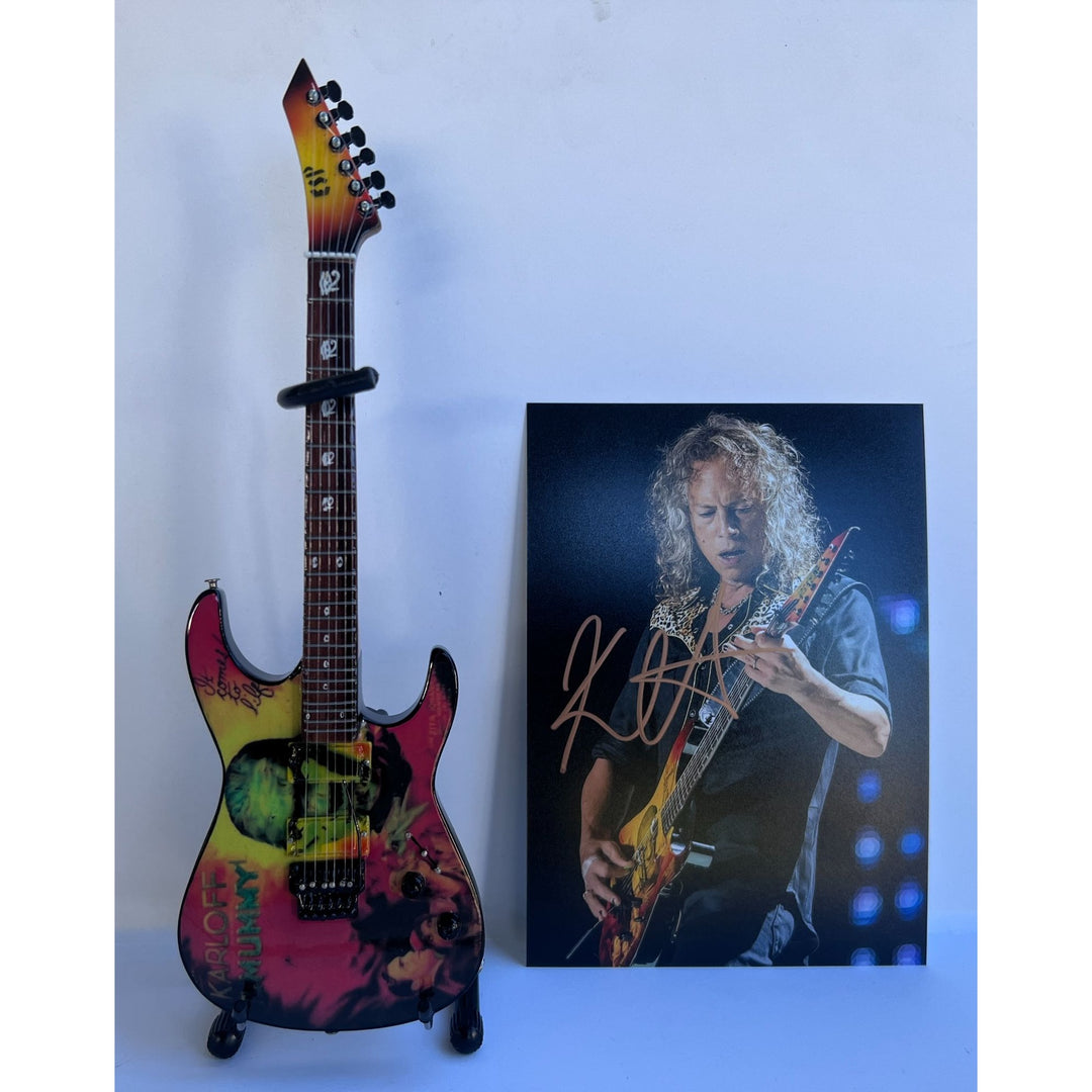 Kirk Hammett  guitarist of heavy metal band Metallica 5x7 photo signed with proof & free mini guitar just like Kirk plays