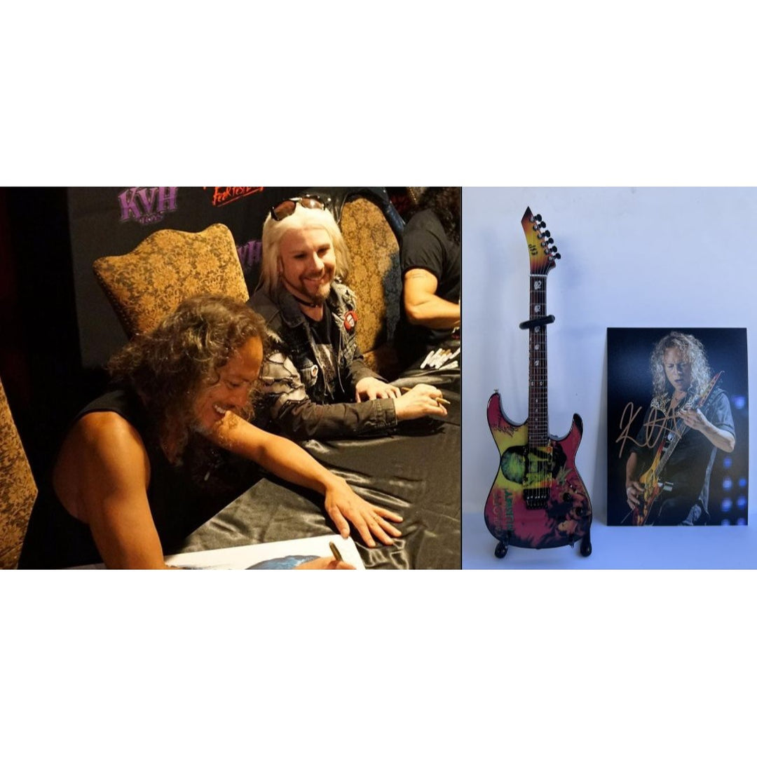 Kirk Hammett  guitarist of heavy metal band Metallica 5x7 photo signed with proof & free mini guitar just like Kirk plays