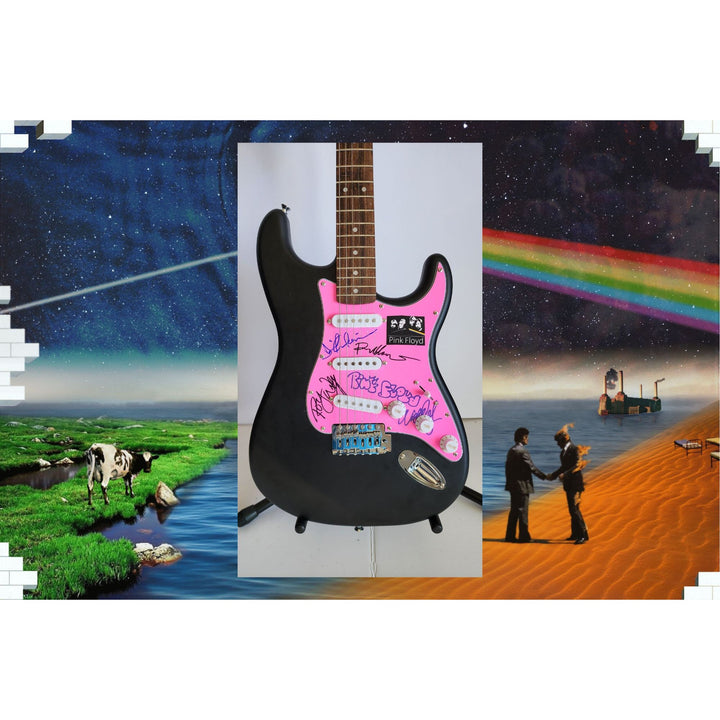 David Gilmour, Roger Waters Richard Wright Nick Mason, Pink Floyd, authentic Fender Stratocaster electric guitar signed with proof
