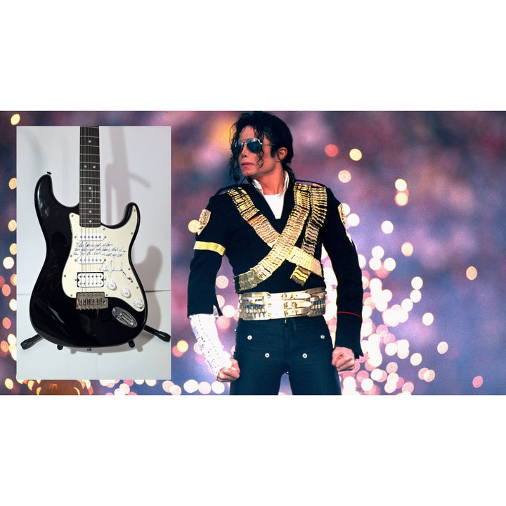 Michael Jackson incredible piece signed with lyrics to "BIlly Jean" on a Fender Stratocaster electric guitar signed with proof