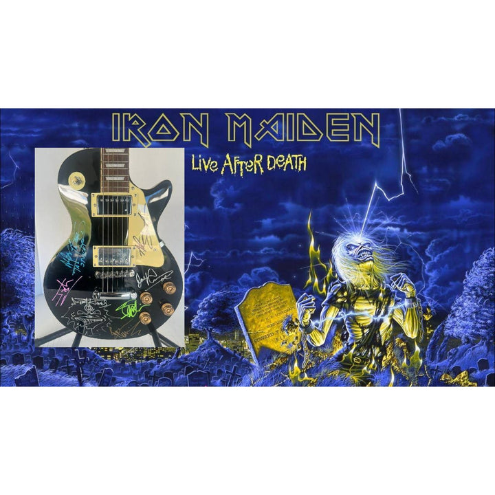 Iron Maiden Bruce Dickinson Steve Harris Adrian Smith Dave Murray Neko McBrain Janick Gers vintage black les paul signed with proof.