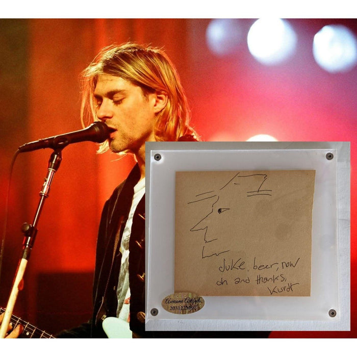Kurt Cobain with sketch and inscription vintage autograph page signed with proof