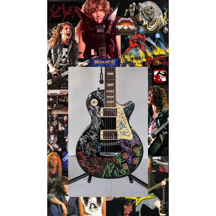 Heavy Metals Greatest bands black les paul electric Black Sabbath Metallica Judas Priest Iron Maiden 30 signed with proof