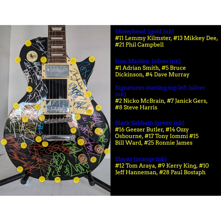 Heavy Metals Greatest bands black les paul electric Black Sabbath Metallica Judas Priest Iron Maiden 30 signed with proof